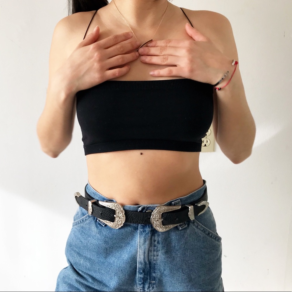silver double latch vegan leather belt